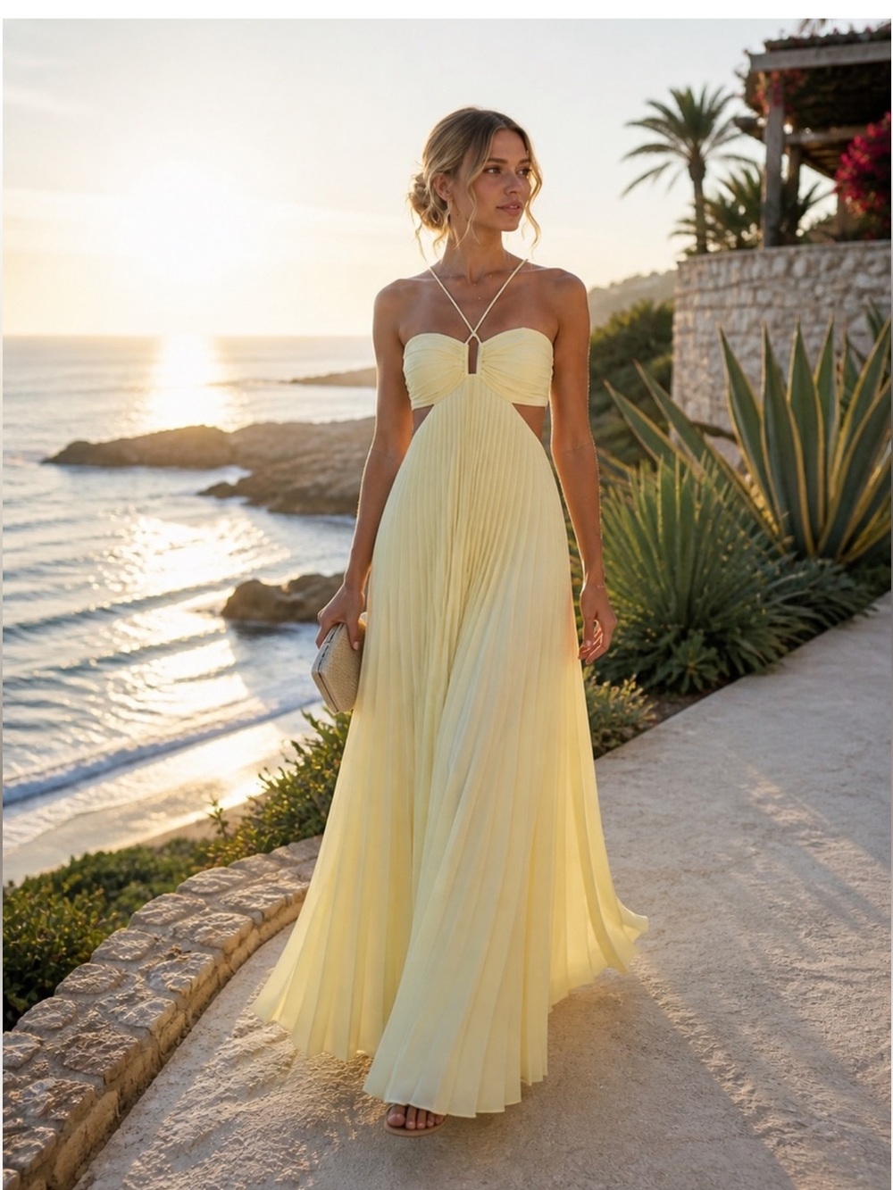 NWT A.L.C. Moira Satin Pleated Maxi Dress in Pastel Yellow Sz 4